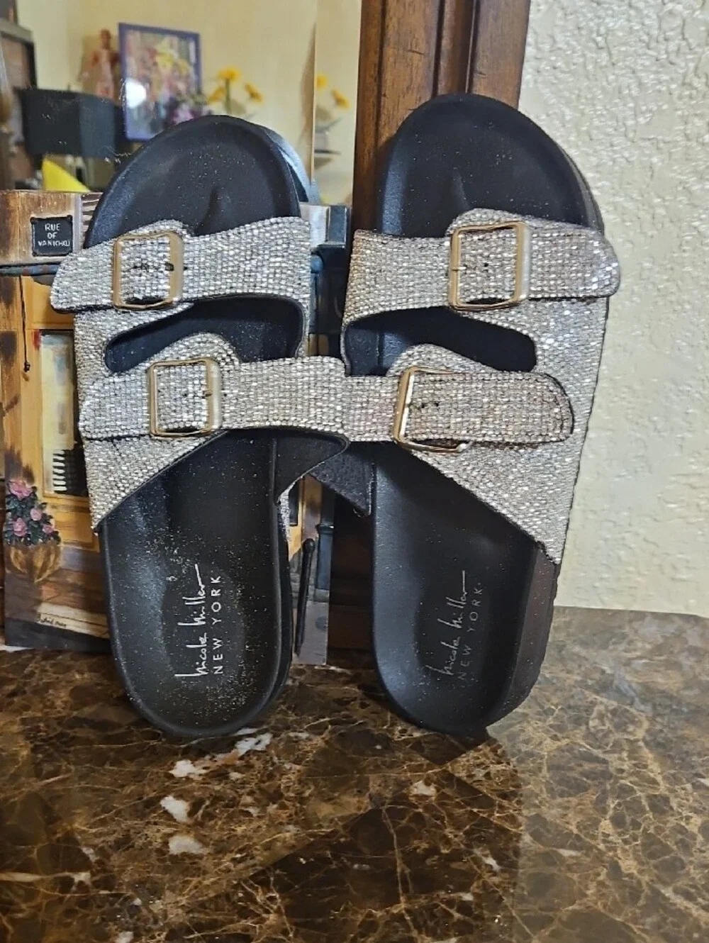 Michael Kors Crystal-Embellished Double-Buckle Slide Sandals - Black Silver